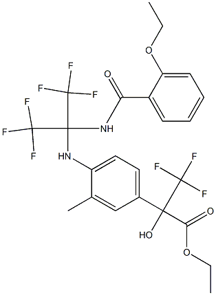 ethyl 2-(4-{[1-[(2-ethoxybenzoyl)amino]-2,2,2-trifluoro-1-(trifluoromethyl)ethyl]amino}-3-methylphenyl)-3,3,3-trifluoro-2-hydroxypropanoate Struktur