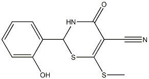 2-(2-hydroxyphenyl)-6-(methylthio)-4-oxo-3,4-dihydro-2H-1,3-thiazine-5-carbonitrile Struktur