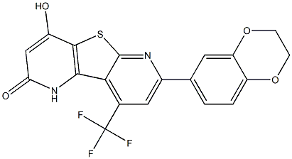 7-(2,3-dihydro-1,4-benzodioxin-6-yl)-4-hydroxy-9-(trifluoromethyl)pyrido[2',3':4,5]thieno[2,3-b]pyridin-2(1H)-one Struktur