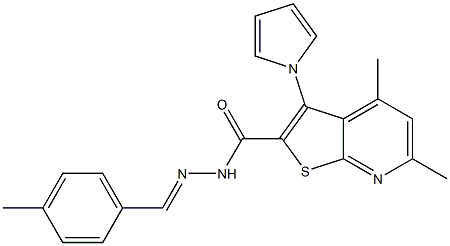 4,6-dimethyl-N'-[(E)-(4-methylphenyl)methylidene]-3-(1H-pyrrol-1-yl)thieno[2,3-b]pyridine-2-carbohydrazide Struktur