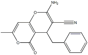 2-amino-4-benzyl-7-methyl-5-oxo-4H,5H-pyrano[4,3-b]pyran-3-carbonitrile Struktur