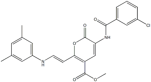 methyl 3-[(3-chlorobenzoyl)amino]-6-[(E)-2-(3,5-dimethylanilino)ethenyl]-2-oxo-2H-pyran-5-carboxylate Struktur