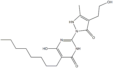 6-hydroxy-2-[4-(2-hydroxyethyl)-3-methyl-5-oxo-2,5-dihydro-1H-pyrazol-1-yl]-5-octyl-4(3H)-pyrimidinone Struktur