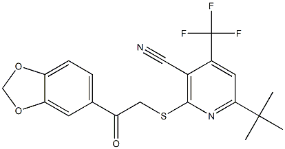 2-{[2-(1,3-benzodioxol-5-yl)-2-oxoethyl]sulfanyl}-6-(tert-butyl)-4-(trifluoromethyl)nicotinonitrile Struktur