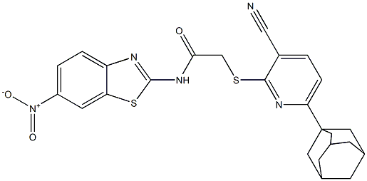 2-{[6-(1-adamantyl)-3-cyano-2-pyridinyl]sulfanyl}-N-(6-nitro-1,3-benzothiazol-2-yl)acetamide Struktur