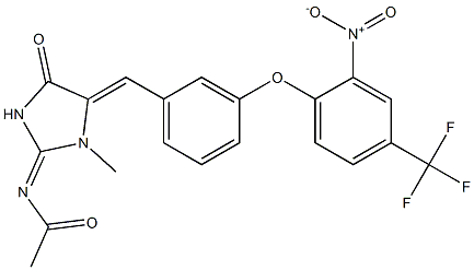 N-[1-methyl-5-((Z)-{3-[2-nitro-4-(trifluoromethyl)phenoxy]phenyl}methylidene)-4-oxodihydro-1H-imidazol-2-yliden]acetamide Struktur