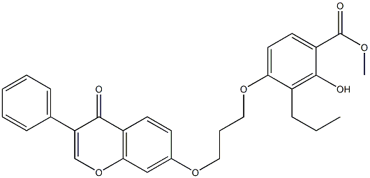 methyl 2-hydroxy-4-{3-[(4-oxo-3-phenyl-4H-chromen-7-yl)oxy]propoxy}-3-propylbenzoate Struktur