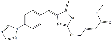 methyl (E)-4-[(5-oxo-4-{(E)-[4-(1H-1,2,4-triazol-1-yl)phenyl]methylidene}-4,5-dihydro-1H-imidazol-2-yl)sulfanyl]-2-butenoate Struktur