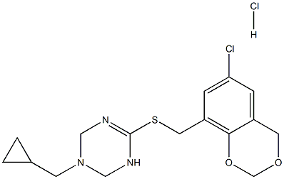 6-{[(6-chloro-4H-1,3-benzodioxin-8-yl)methyl]thio}-3-(cyclopropylmethyl)-1,2,3,4-tetrahydro-1,3,5-triazine hydrochloride Struktur