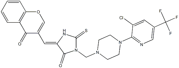 3-({4-[3-chloro-5-(trifluoromethyl)-2-pyridinyl]piperazino}methyl)-5-[(4-oxo-4H-chromen-3-yl)methylene]-2-thioxotetrahydro-4H-imidazol-4-one Struktur