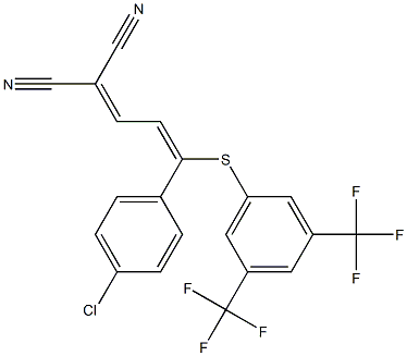 2-(3-(4-chlorophenyl)-3-{[3,5-di(trifluoromethyl)phenyl]thio}prop-2-enylidene)malononitrile Struktur