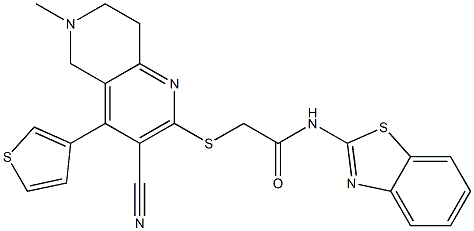 N-(1,3-benzothiazol-2-yl)-2-{[3-cyano-6-methyl-4-(3-thienyl)-5,6,7,8-tetrahydro[1,6]naphthyridin-2-yl]sulfanyl}acetamide Struktur