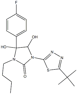 3-butyl-1-[5-(tert-butyl)-1,3,4-thiadiazol-2-yl]-4-(4-fluorophenyl)-4,5-dihydroxyimidazolidin-2-one Struktur