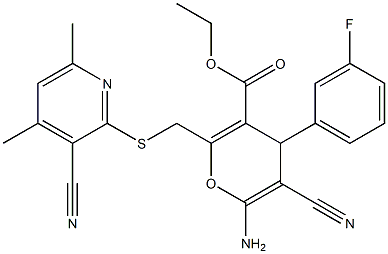 ethyl 6-amino-5-cyano-2-{[(3-cyano-4,6-dimethyl-2-pyridinyl)sulfanyl]methyl}-4-(3-fluorophenyl)-4H-pyran-3-carboxylate Struktur