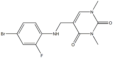 5-{[(4-bromo-2-fluorophenyl)amino]methyl}-1,3-dimethyl-1,2,3,4-tetrahydropyrimidine-2,4-dione Struktur