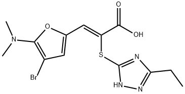 2-Propenoic  acid,  3-[4-bromo-5-(dimethylamino)-2-furanyl]-2-[(3-ethyl-1H-1,2,4-triazol-5-yl)thio]-,  (2Z)- Struktur