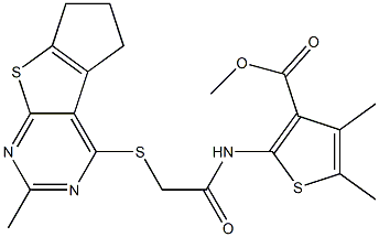 methyl 4,5-dimethyl-2-({[(2-methyl-6,7-dihydro-5H-cyclopenta[4,5]thieno[2,3-d]pyrimidin-4-yl)sulfanyl]acetyl}amino)-3-thiophenecarboxylate Struktur