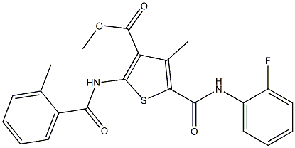 methyl 5-{[(2-fluorophenyl)amino]carbonyl}-4-methyl-2-{[(2-methylphenyl)carbonyl]amino}thiophene-3-carboxylate Struktur