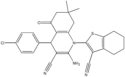 2-amino-4-(4-chlorophenyl)-1-(3-cyano-4,5,6,7-tetrahydro-1-benzothien-2-yl)-7,7-dimethyl-5-oxo-1,4,5,6,7,8-hexahydro-3-quinolinecarbonitrile Struktur