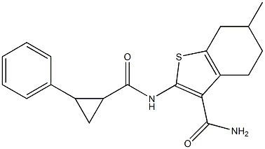 6-methyl-2-{[(2-phenylcyclopropyl)carbonyl]amino}-4,5,6,7-tetrahydro-1-benzothiophene-3-carboxamide Struktur