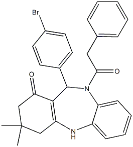 11-(4-bromophenyl)-3,3-dimethyl-10-(phenylacetyl)-2,3,4,5,10,11-hexahydro-1H-dibenzo[b,e][1,4]diazepin-1-one Struktur