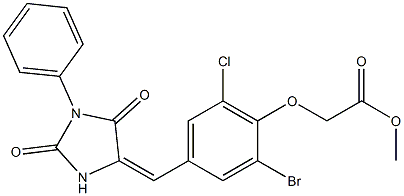 methyl {2-bromo-6-chloro-4-[(2,5-dioxo-1-phenylimidazolidin-4-ylidene)methyl]phenoxy}acetate Struktur