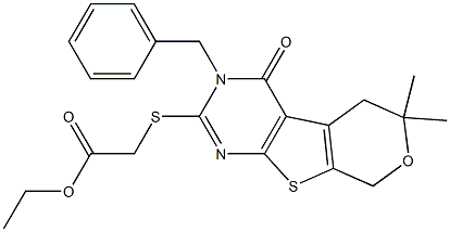 ethyl [(3-benzyl-6,6-dimethyl-4-oxo-3,5,6,8-tetrahydro-4H-pyrano[4',3':4,5]thieno[2,3-d]pyrimidin-2-yl)sulfanyl]acetate Struktur