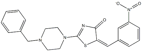 2-(4-benzyl-1-piperazinyl)-5-{3-nitrobenzylidene}-1,3-thiazol-4(5H)-one Struktur