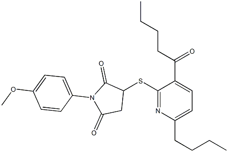 3-[(6-butyl-3-pentanoyl-2-pyridinyl)sulfanyl]-1-(4-methoxyphenyl)-2,5-pyrrolidinedione Struktur