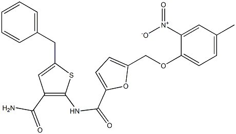 N-[3-(aminocarbonyl)-5-benzyl-2-thienyl]-5-({2-nitro-4-methylphenoxy}methyl)-2-furamide Struktur