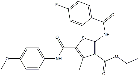 ethyl 2-[(4-fluorobenzoyl)amino]-5-[(4-methoxyanilino)carbonyl]-4-methyl-3-thiophenecarboxylate Struktur