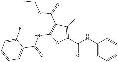 ethyl 5-(anilinocarbonyl)-2-[(2-fluorobenzoyl)amino]-4-methyl-3-thiophenecarboxylate Struktur