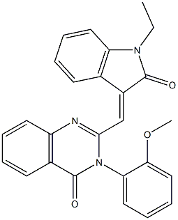 2-[(1-ethyl-2-oxo-1,2-dihydro-3H-indol-3-ylidene)methyl]-3-(2-methoxyphenyl)-4(3H)-quinazolinone Struktur