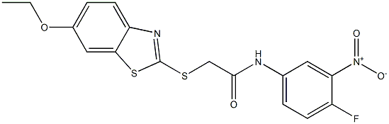 2-[(6-ethoxy-1,3-benzothiazol-2-yl)sulfanyl]-N-{4-fluoro-3-nitrophenyl}acetamide Struktur