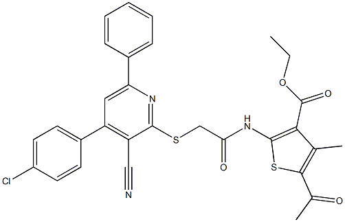 ethyl 5-acetyl-2-[({[4-(4-chlorophenyl)-3-cyano-6-phenyl-2-pyridinyl]sulfanyl}acetyl)amino]-4-methyl-3-thiophenecarboxylate Struktur