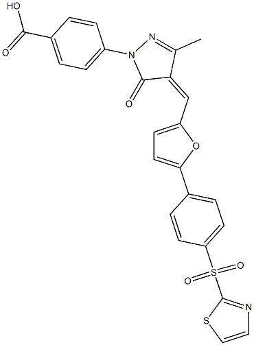 4-[3-methyl-5-oxo-4-({5-[4-(1,3-thiazol-2-ylsulfonyl)phenyl]-2-furyl}methylene)-4,5-dihydro-1H-pyrazol-1-yl]benzoic acid Struktur