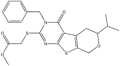 methyl [(3-benzyl-6-isopropyl-4-oxo-3,5,6,8-tetrahydro-4H-pyrano[4',3':4,5]thieno[2,3-d]pyrimidin-2-yl)sulfanyl]acetate Struktur