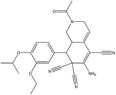 2-acetyl-6-amino-8-(3-ethoxy-4-isopropoxyphenyl)-2,3,8,8a-tetrahydro-5,7,7(1H)-isoquinolinetricarbonitrile Struktur