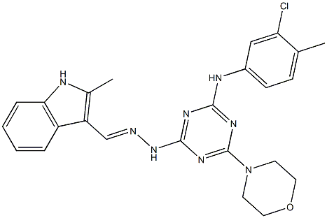 2-methyl-1H-indole-3-carbaldehyde [4-(3-chloro-4-methylanilino)-6-(4-morpholinyl)-1,3,5-triazin-2-yl]hydrazone Struktur