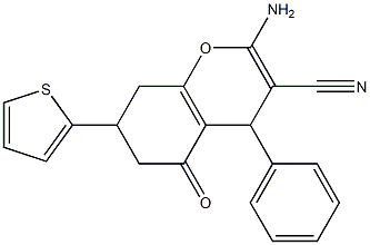 2-amino-5-oxo-4-phenyl-7-(2-thienyl)-5,6,7,8-tetrahydro-4H-chromene-3-carbonitrile Struktur