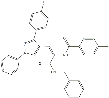 N-{1-[(benzylamino)carbonyl]-2-[3-(4-fluorophenyl)-1-phenyl-1H-pyrazol-4-yl]vinyl}-4-methylbenzamide Struktur