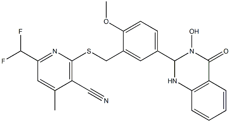 6-(difluoromethyl)-2-{[5-(3-hydroxy-4-oxo-1,2,3,4-tetrahydro-2-quinazolinyl)-2-methoxybenzyl]sulfanyl}-4-methylnicotinonitrile Struktur