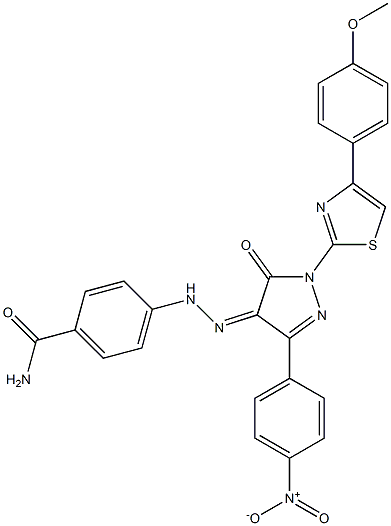 4-(2-{3-{4-nitrophenyl}-1-[4-(4-methoxyphenyl)-1,3-thiazol-2-yl]-5-oxo-1,5-dihydro-4H-pyrazol-4-ylidene}hydrazino)benzamide Struktur