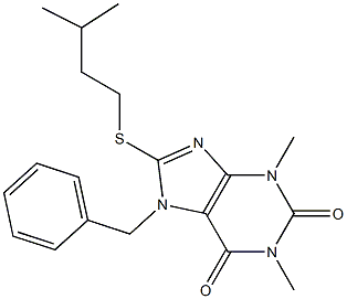 1,3-dimethyl-8-[(3-methylbutyl)sulfanyl]-7-(phenylmethyl)-3,7-dihydro-1H-purine-2,6-dione Struktur