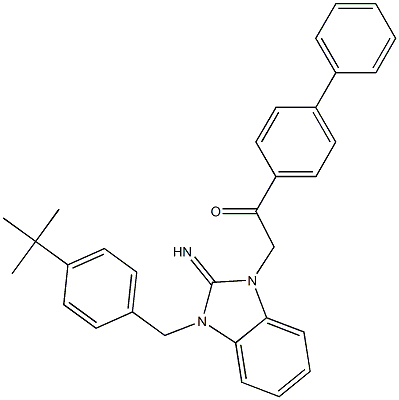 1-[1,1'-biphenyl]-4-yl-2-(3-{[4-(1,1-dimethylethyl)phenyl]methyl}-2-imino-2,3-dihydro-1H-benzimidazol-1-yl)ethanone Struktur