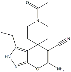 1'-acetyl-6-amino-5-cyano-3-ethyl-2,4-dihydrospiro(pyrano[2,3-c]pyrazole-4,4'-piperidine) Struktur