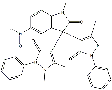 3,3-bis(1,5-dimethyl-3-oxo-2-phenyl-2,3-dihydro-1H-pyrazol-4-yl)-5-nitro-1-methyl-1,3-dihydro-2H-indol-2-one Struktur