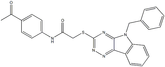 N-(4-acetylphenyl)-2-[(5-benzyl-5H-[1,2,4]triazino[5,6-b]indol-3-yl)sulfanyl]acetamide Struktur