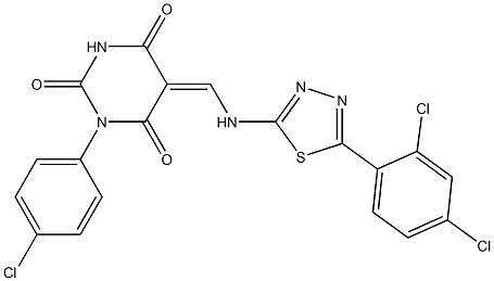 1-(4-chlorophenyl)-5-({[5-(2,4-dichlorophenyl)-1,3,4-thiadiazol-2-yl]amino}methylene)-2,4,6(1H,3H,5H)-pyrimidinetrione Struktur