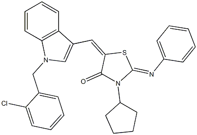 5-{[1-(2-chlorobenzyl)-1H-indol-3-yl]methylene}-3-cyclopentyl-2-(phenylimino)-1,3-thiazolidin-4-one Struktur